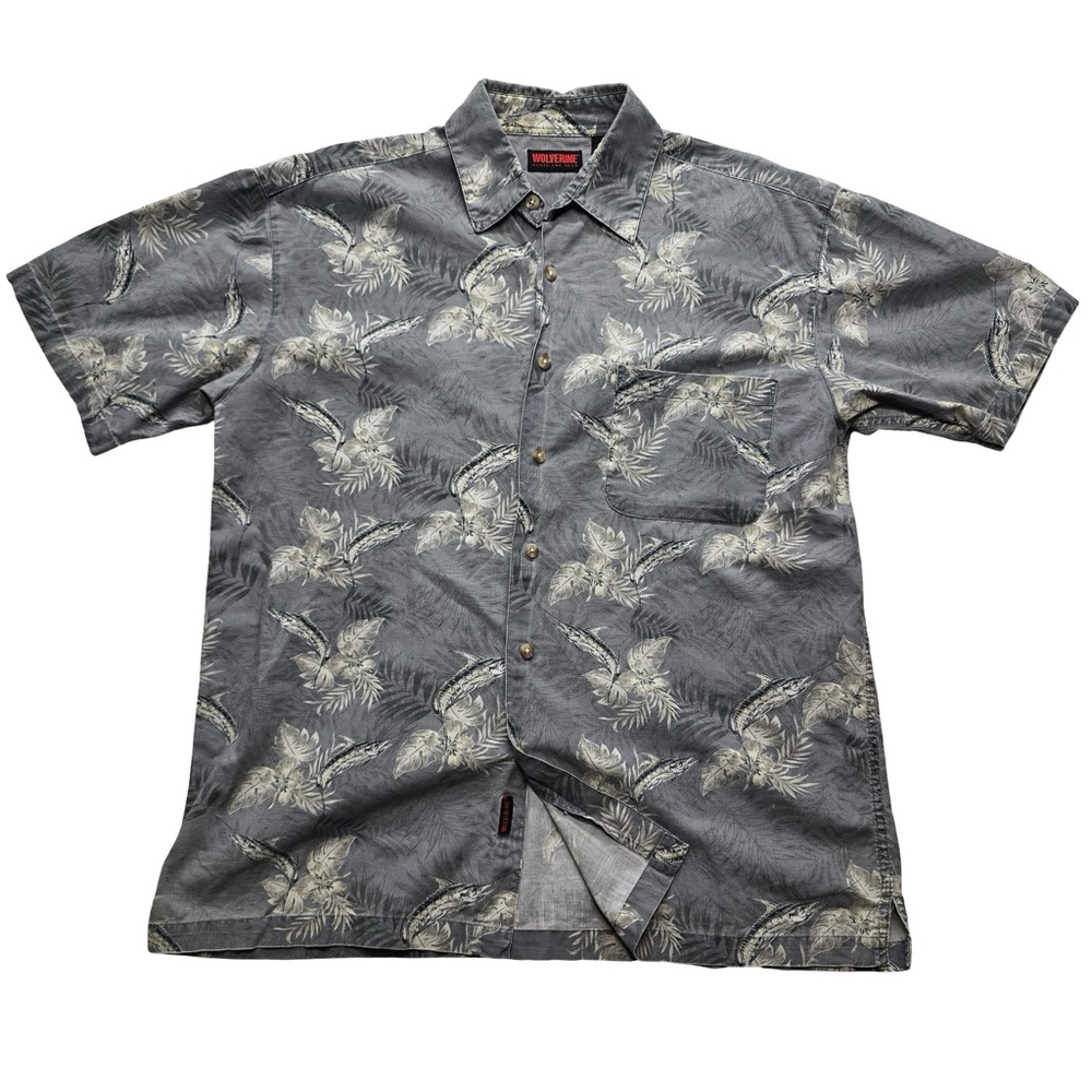 Wolverine Tropical‎ Button Up Shirt Palm Print Gray Short Sleeve Men’s L